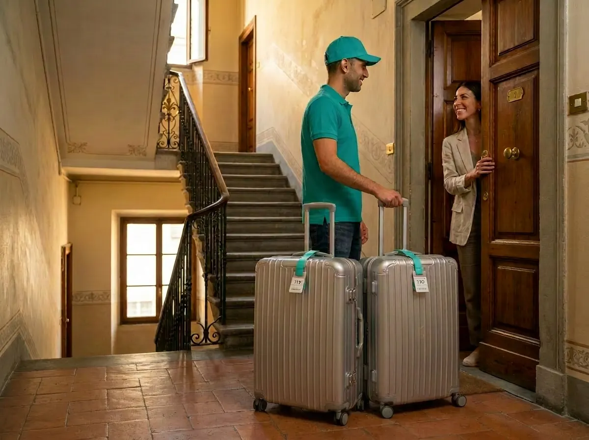 Pickemap courier delivering luggage to the door of a Florence apartment