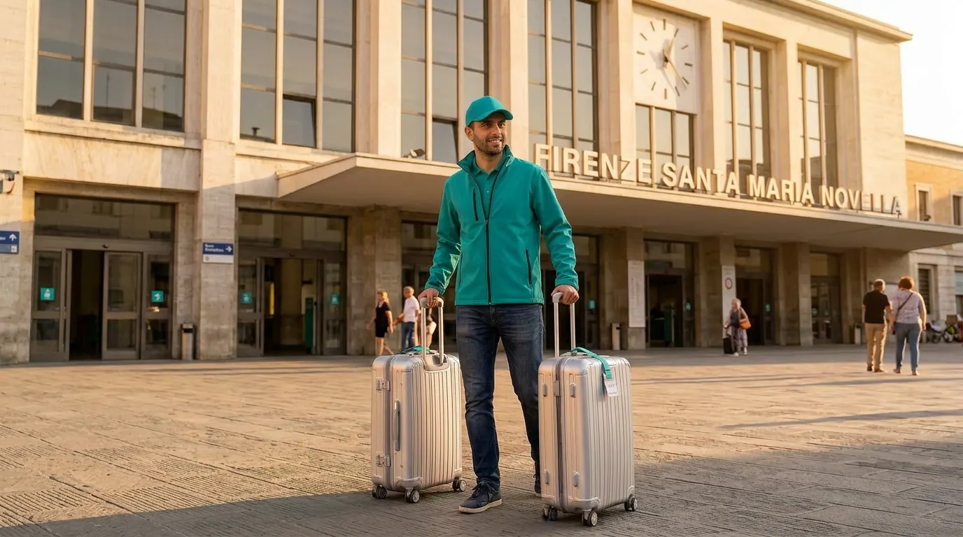 Pickemap courier delivering luggage to Santa Maria Novella station for a late departure
